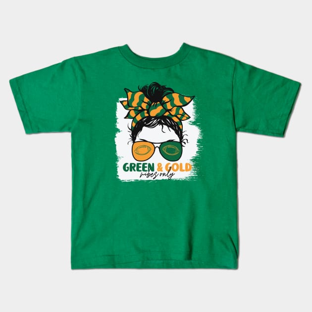 Green and Gold Vibes Only Football Mom Messy Hair Gameday Kids T-Shirt by SLAG_Creative